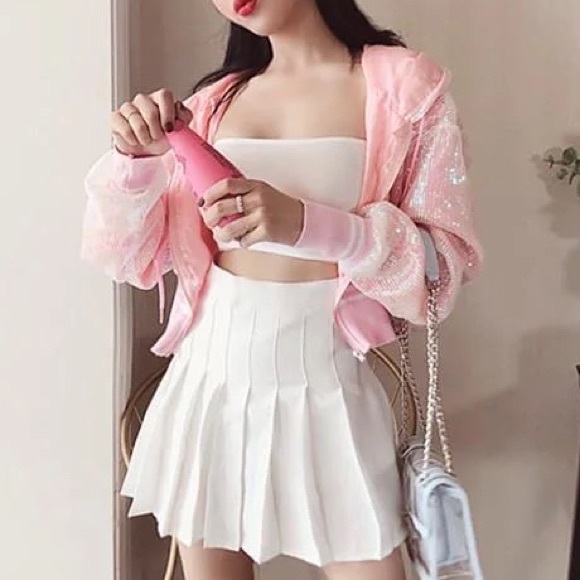 Sequin hoodie bomber jacket shiny sparkle pink black white stripe sporty… - Picture 8 of 8